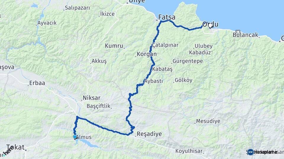 Tokat Almus Ordu Arası Kaç Km - Yol Haritası