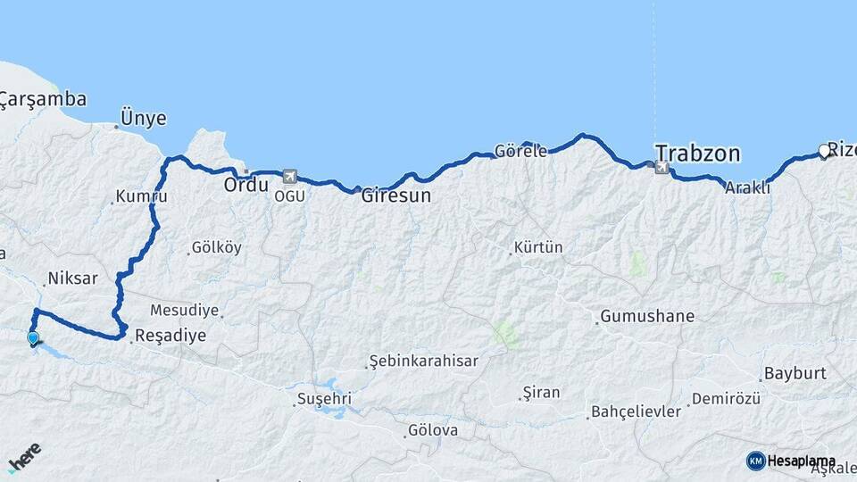 Tokat Almus Rize Arası Kaç Km - Yol Haritası