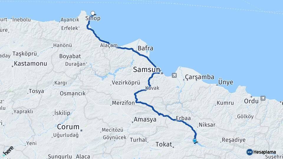 Tokat Almus Sinop Arası Kaç Km - Yol Haritası