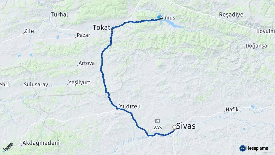Tokat Almus Sivas Arası Kaç Km - Yol Haritası