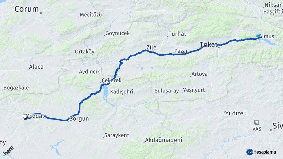 Tokat Almus Yozgat Arası Kaç Km - Yol Haritası