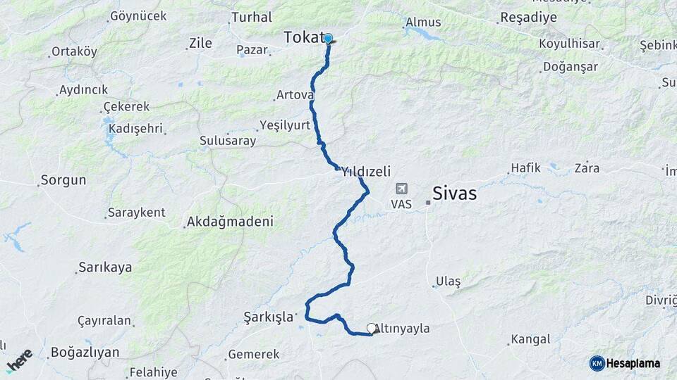 Tokat Altınyayla Sivas Arası Kaç Km - Yol Haritası