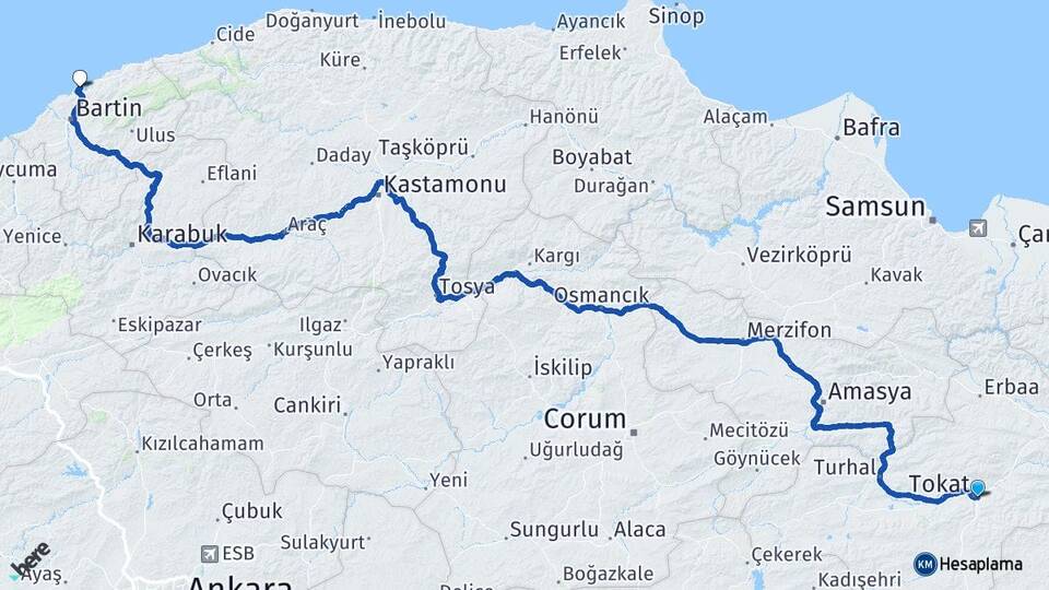 Tokat Amasra Bartın Arası Kaç Km - Yol Haritası