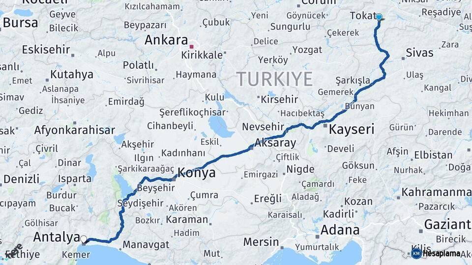 Tokat Antalya Arası Kaç Km - Yol Haritası