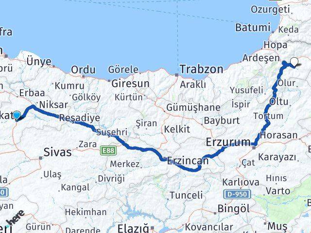 Tokat Ardanuç Artvin Arası Kaç Km - Yol Haritası