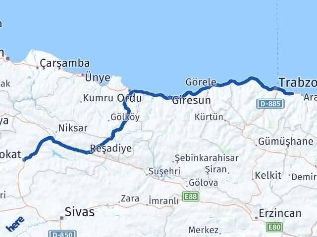 Tokat Arsin Trabzon Arası Kaç Km - Yol Haritası