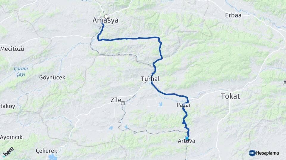 Tokat Artova Amasya Arası Kaç Km - Yol Haritası