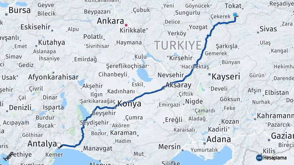 Tokat Artova Antalya Arası Kaç Km - Yol Haritası