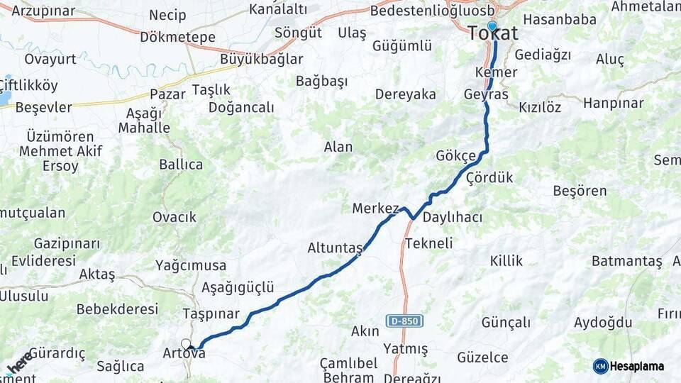 Tokat Artova Arası Kaç Km - Yol Haritası