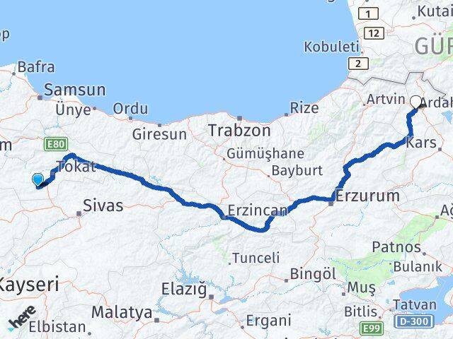 Tokat Artova Ardahan Arası Kaç Km - Yol Haritası
