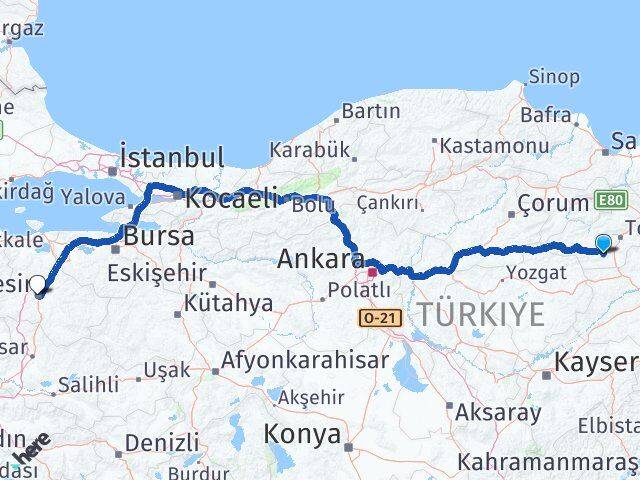 Tokat Artova Balıkesir Arası Kaç Km - Yol Haritası