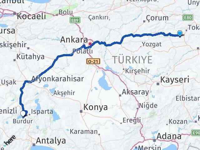 Tokat Artova Burdur Arası Kaç Km - Yol Haritası