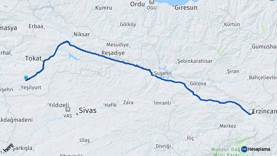 Tokat Artova Erzincan Arası Kaç Km - Yol Haritası