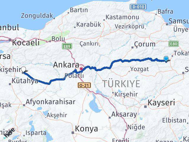 Tokat Artova Eskişehir Arası Kaç Km - Yol Haritası
