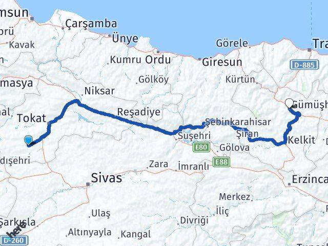 Tokat Artova Gümüşhane Arası Kaç Km - Yol Haritası