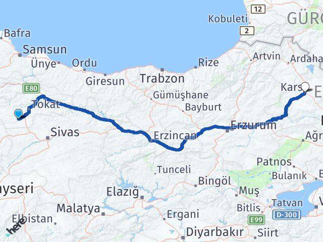 Tokat Artova Kars Arası Kaç Km - Yol Haritası