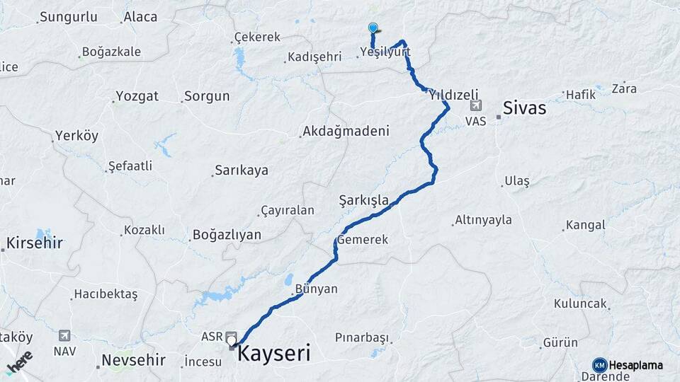 Tokat Artova Kayseri Arası Kaç Km - Yol Haritası