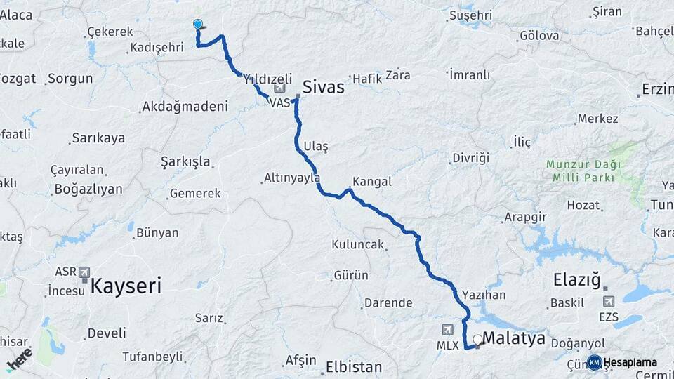 Tokat Artova Malatya Arası Kaç Km - Yol Haritası