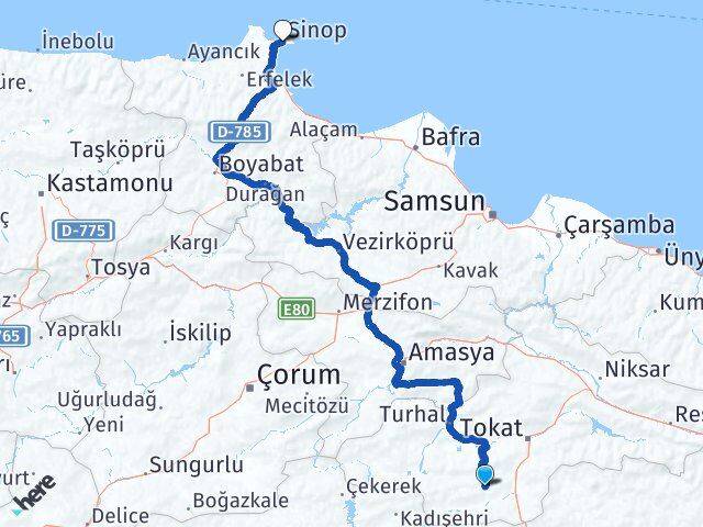 Tokat Artova Sinop Arası Kaç Km - Yol Haritası