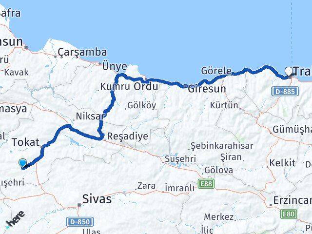 Tokat Artova Trabzon Arası Kaç Km - Yol Haritası