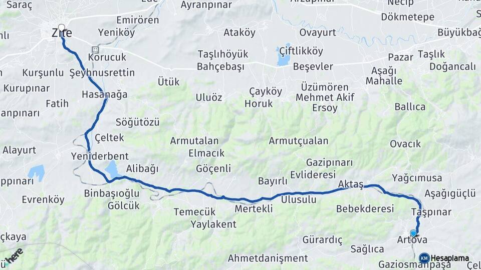 Tokat Artova Zile Arası Kaç Km - Yol Haritası