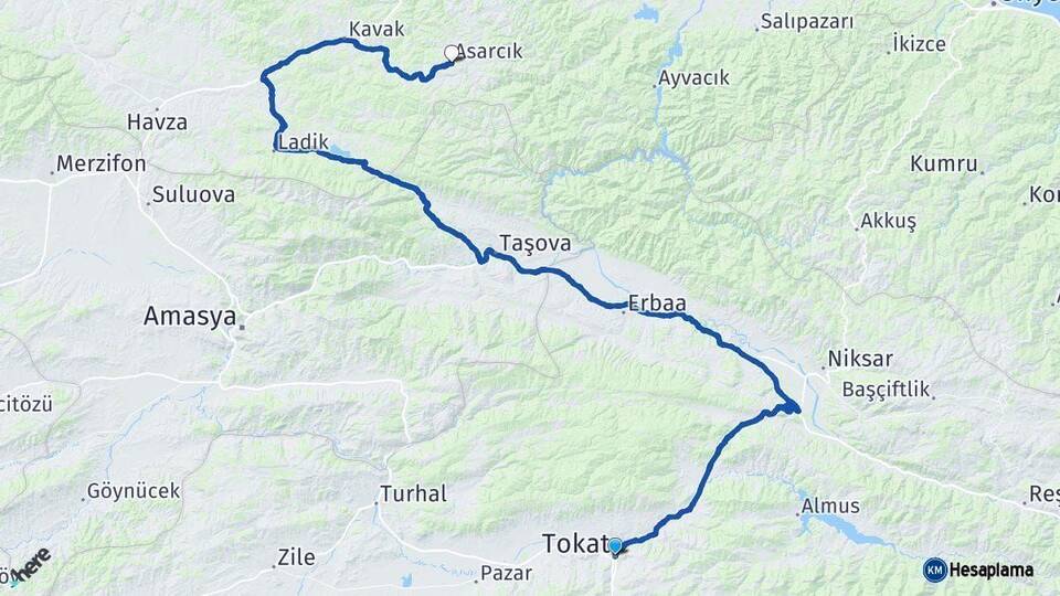 Tokat Asarcık Samsun Arası Kaç Km - Yol Haritası