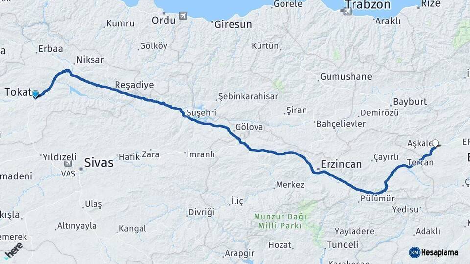 Tokat Aşkale Erzurum Arası Kaç Km - Yol Haritası