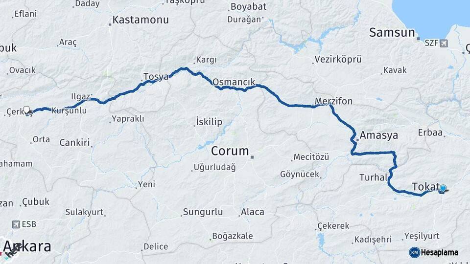Tokat Atkaracalar Çankırı Arası Kaç Km - Yol Haritası
