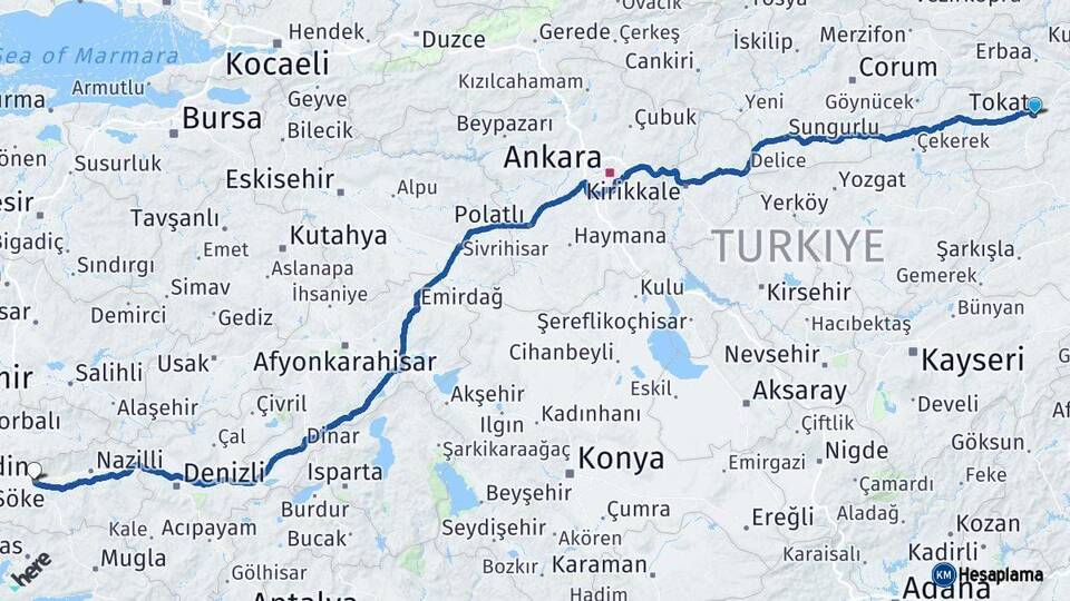 Tokat Aydın Arası Kaç Km - Yol Haritası