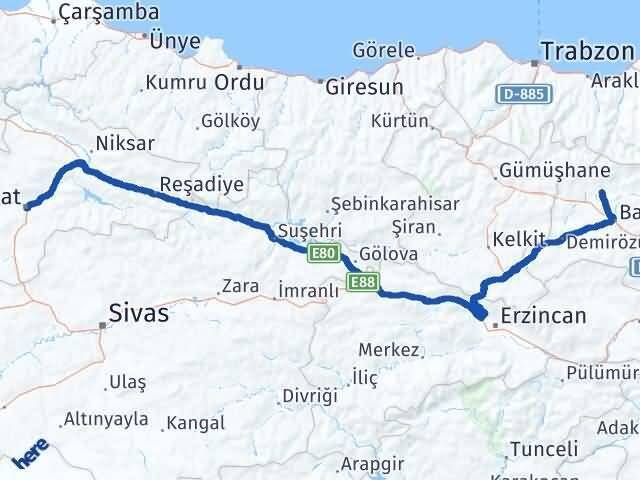 Tokat Aydıntepe Bayburt Arası Kaç Km - Yol Haritası