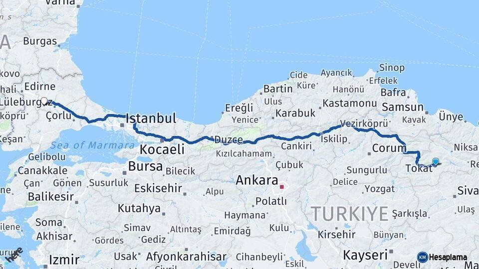 Tokat Babaeski Kırklareli Arası Kaç Km - Yol Haritası