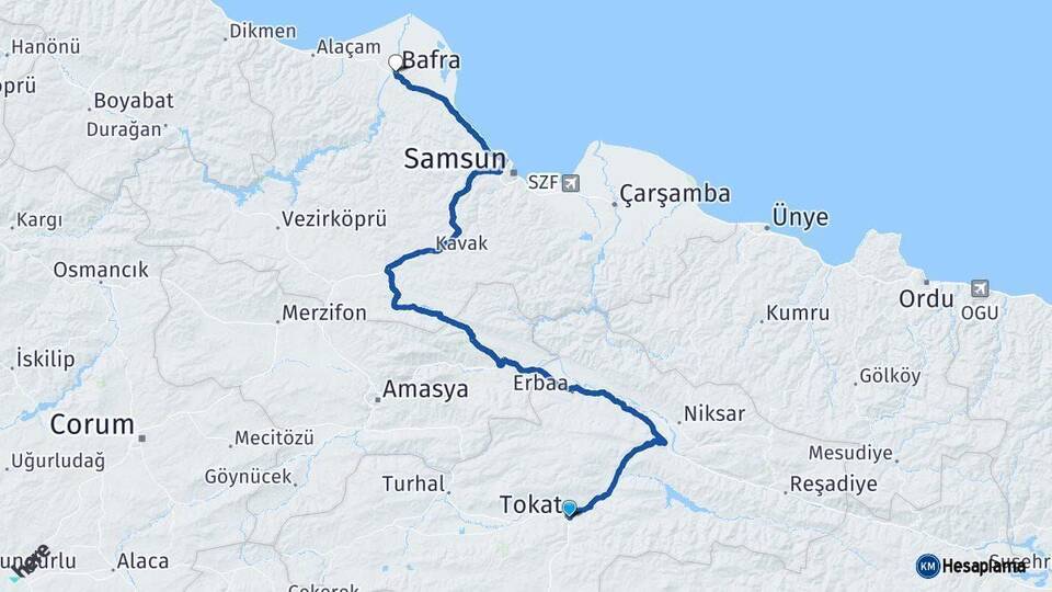 Tokat Bafra Samsun Arası Kaç Km - Yol Haritası