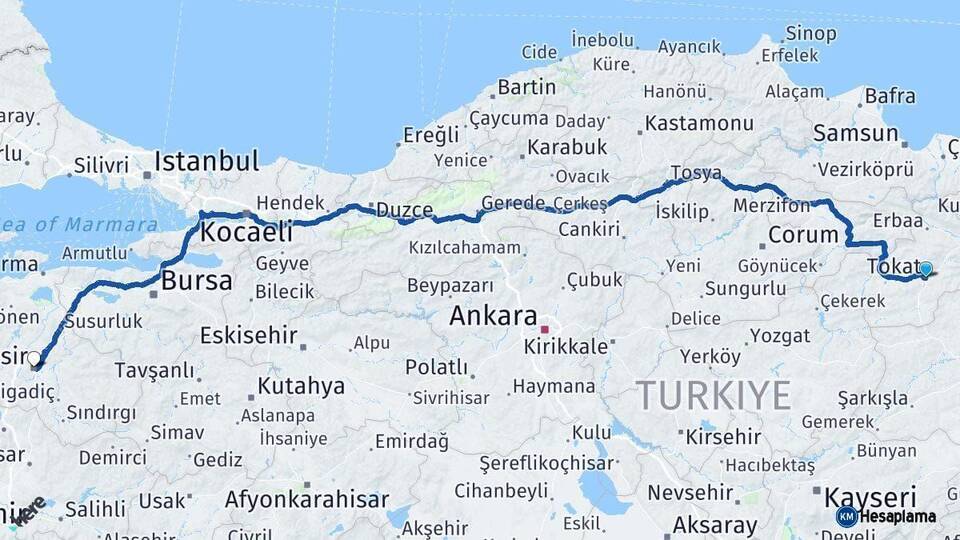 Tokat Balıkesir Arası Kaç Km - Yol Haritası