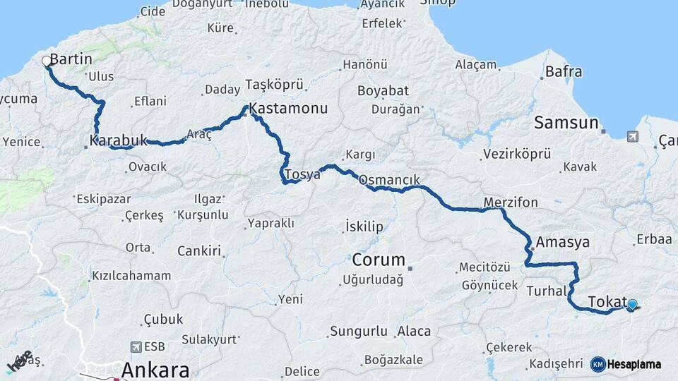 Tokat Bartın Arası Kaç Km - Yol Haritası