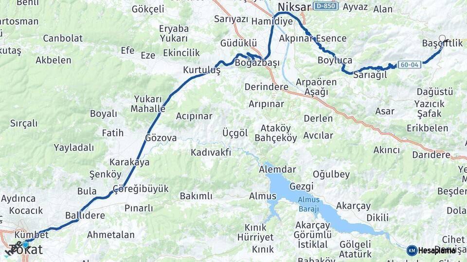 Tokat Başçiftlik Arası Kaç Km - Yol Haritası