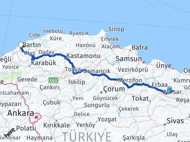 Tokat Başçiftlik Bartın Arası Kaç Km - Yol Haritası
