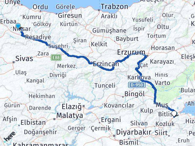 Tokat Başçiftlik Bitlis Arası Kaç Km - Yol Haritası