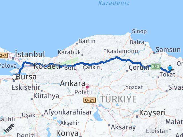 Tokat Başçiftlik Bursa Arası Kaç Km - Yol Haritası