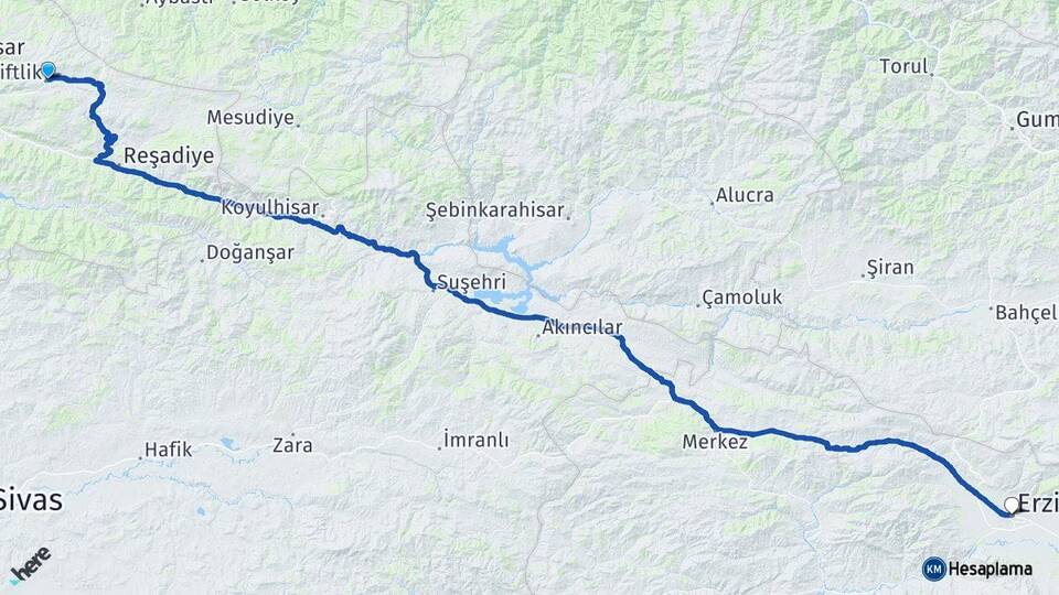 Tokat Başçiftlik Erzincan Arası Kaç Km - Yol Haritası
