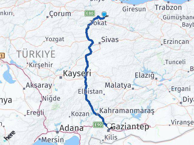 Tokat Başçiftlik Gaziantep Arası Kaç Km - Yol Haritası