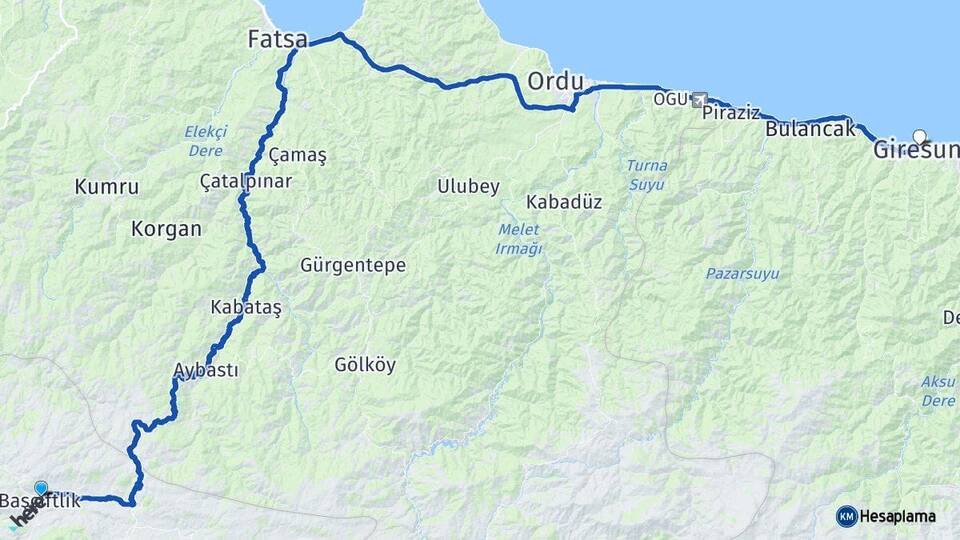Tokat Başçiftlik Giresun Arası Kaç Km - Yol Haritası
