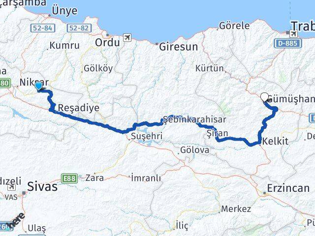 Tokat Başçiftlik Gümüşhane Arası Kaç Km - Yol Haritası