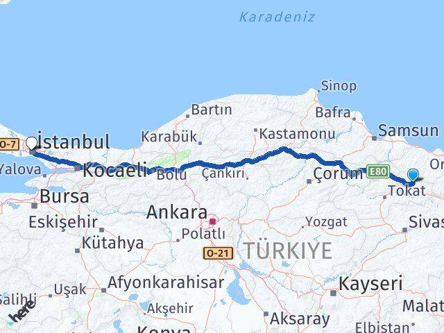 Tokat Başçiftlik İstanbul Arası Kaç Km - Yol Haritası