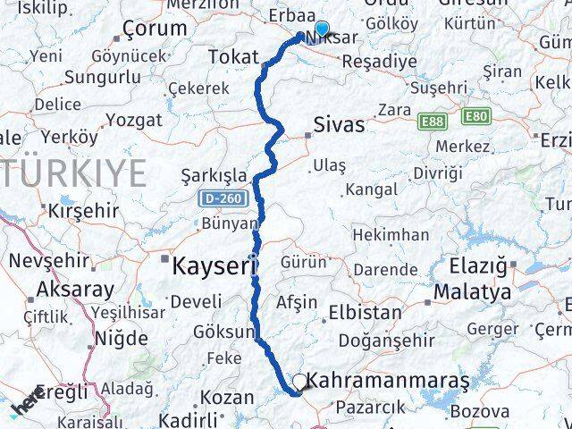 Tokat Başçiftlik Kahramanmaraş Arası Kaç Km - Yol Haritası