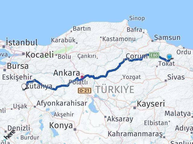 Tokat Başçiftlik Kütahya Arası Kaç Km - Yol Haritası