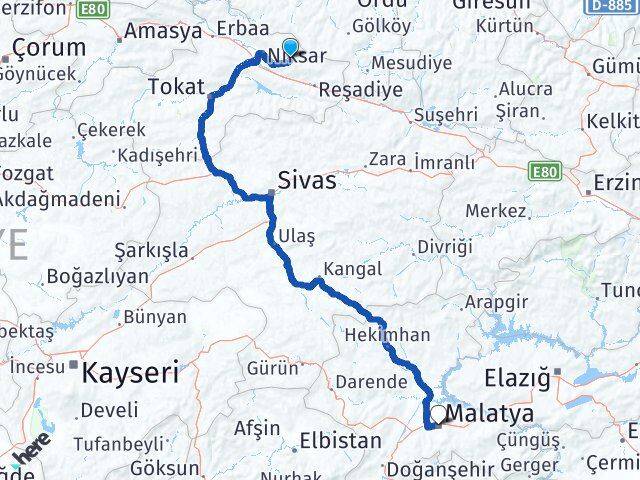 Tokat Başçiftlik Malatya Arası Kaç Km - Yol Haritası
