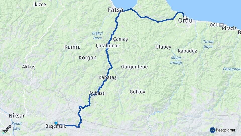 Tokat Başçiftlik Ordu Arası Kaç Km - Yol Haritası