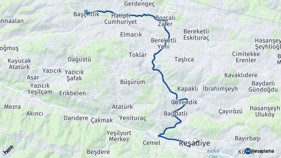 Tokat Başçiftlik Reşadiye Arası Kaç Km - Yol Haritası