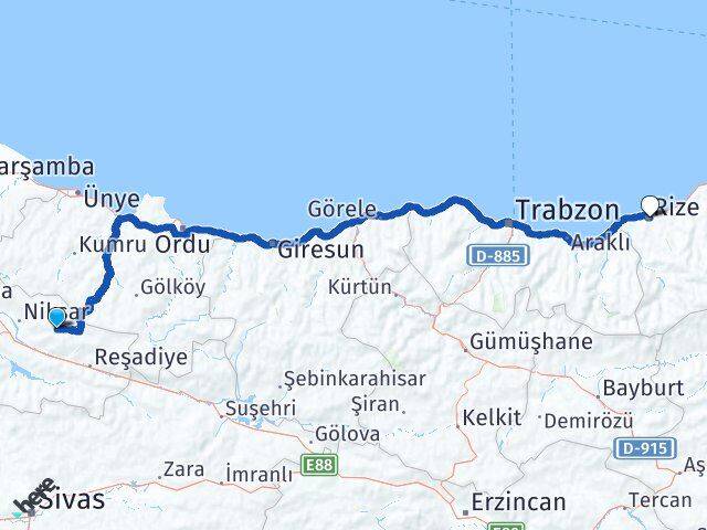 Tokat Başçiftlik Rize Arası Kaç Km - Yol Haritası