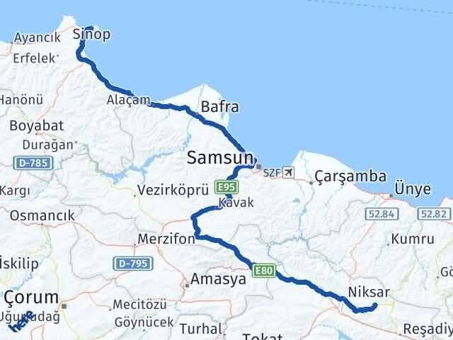 Tokat Başçiftlik Sinop Arası Kaç Km - Yol Haritası